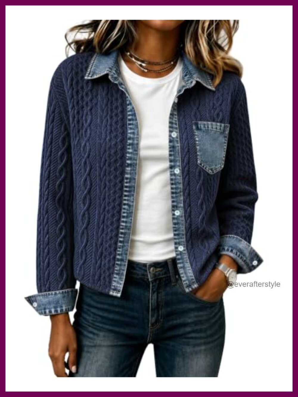 Cropped Denim Collared Bomber Jacket Cable Knit Shacket Women Button Up